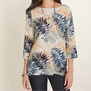 Chico's no-iron linen palm print side button pullover top, sz 12/14